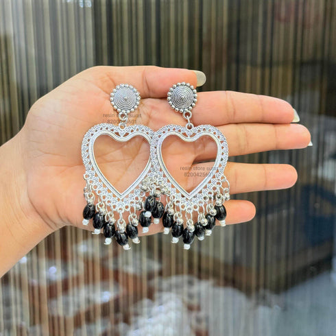 Silver Heart Black Beads Resin Jhumka